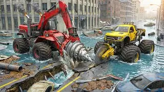 Extreme Urban Rescue Mission 🌊⚙️ | Monster Truck and Heavy Excavator in Flooded Streets