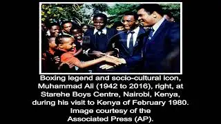 Collage III of American boxer Muhammad Ali in Kenya in February 1980