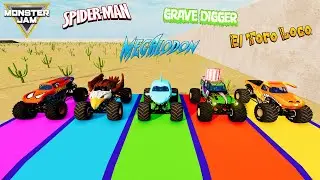 Megalodon and Grave Digger Monster Trucks Portal Adventure with Flatbed Truck BeamNG