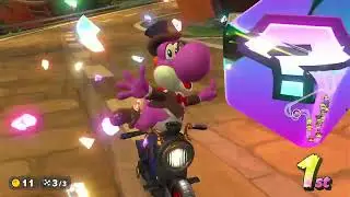 Mario Kart World: Yoshi (Aristocrat) races in Whistlestop Summit