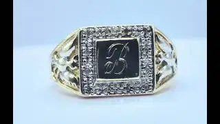 B letter signet ring patterned 9 carat yellow gold Hallmarked