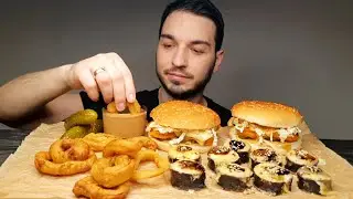 집에서 만든 수제 치킨 버거, 치즈와 장어가 들어간 스시 롤, 그리고 바삭한 어니언 링 ASMR MUKBANG