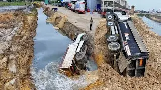 Two project!! Dump Truck Drive Back Unloading Soil Overturned And Recovery By Expert 12 Wheel Crane
