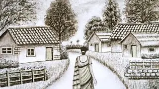 How to Draw Beautiful Village Landscape Scenery Drawing | Natural Rural India Village Scenery Easy.