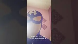 Stuck & trapped in Captain America morphsuit (real stuck & trapped, not locked by lock)