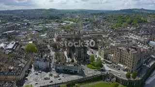Drone Shot Flying Over Bath City Centre Including Bath Abbey, UK