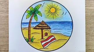 Summer season drawing | Easy summer season drawing for kids | Summer scenery | Beach drawing 