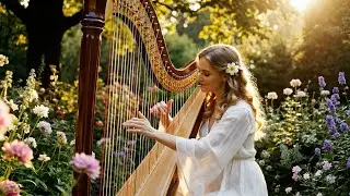 Secret Garden HARP Music 🌸 Sunlit Flower Ambience for Deep Relaxation, Focus & Stress Relief
