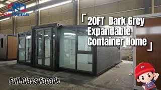 Custom Expandable Container House | Dark Grey Brick Wall & Full Glass Front Design