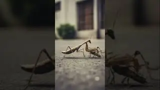 Prey mantis fighting grasshopper