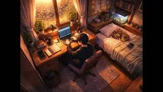 Sunset Study Lofi ☕ Ghibli Style Room | Cozy Focus Music with Sleeping Cat