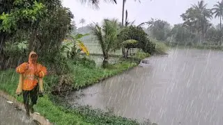 SCARY! WALKING IN THE RAINSTORM IN A BEAUTIFUL ASIAN VILLAGE, ASMR RAIN SOUNDS