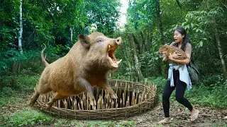 5 Days of Searching For Food, Setting Traps Pig - Building Farm