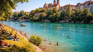 Базель, Швейцария 🇨🇭 Летняя прогулка вдоль Рейна | Более 30 минут спокойной городской прогулки