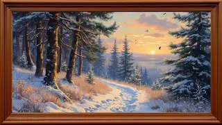 Snowy Forest Sunset Oil Painting | 4K Silent TV Background | Relaxing Winter Nature Wallpaper