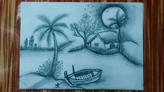 Foggy Winter Morning Village Scenery | River Boat & Coconut Trees | Pencil Art | Asma Pencil Art