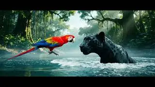 Black Parrot and Howler Monkey: Dancing in the Misty Jungle Dawn 🌿🦜🐒