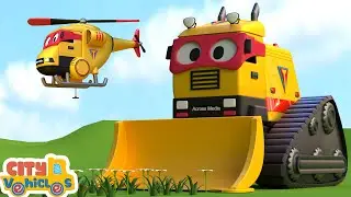 Super Bulldozer Clears Mountain Rockfall--Dump Truck, Mixer Truck ，Excavator & Crane Truck for kids.