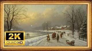 Winter Village by the Frozen River | Art Framed Christmas Screensaver | Cozy Golden Sunset 4K ❄️✨