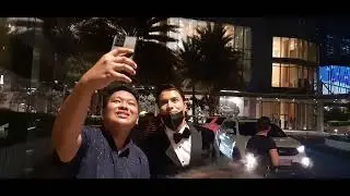 Rafael Rossell in black suit and mask at GMA gala party in Shangrila Hotel fetched by a white car.
