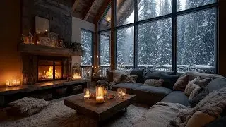 Snowy Forest Outside ❄️ Cozy Cabin Fireplace Ambience | No Music
