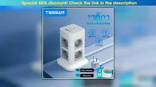 TESSAN Tower Power Strip Multi Outlets with 2 USB 1 Type C 2M Extension Cable EU Plug Vertical