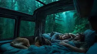 Deep Sleep Therapy with Heavy Rainstorm & Powerful Thunder Sounds on Car in Rainforest at Night