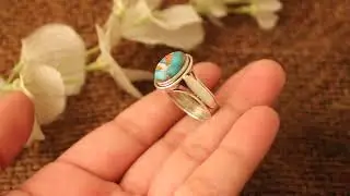 Designer Oyster Copper Turquoise Gemstone Silver Ring 925 Sterling Silver Smooth Oval Gemstone Ring