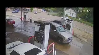 Close Call: Police Chase Nearly Strikes Gas Pump
