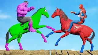 حصان الأبطال الخارقين اصعب باركور سباق خيل سبايدر - Spiderman Ride on Horse Hulk Challenge Animals