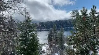 Snow melting on trees in a forest into the lake. Relaxing sounds and seen. Calm Your World! 4hrs.