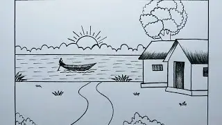 How to draw riverside village nature | Village Scenery Drawing With Pencil |