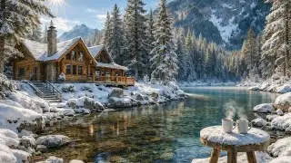Winter Morning by a Quiet Mountain Lake Cabin &bull; Peaceful Birds Singing & Nature Sounds
