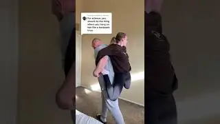 Human backpack challenge with tall husband and short wife