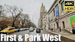 NYC Driving-First Avenue and Central Park West in drizzle on St Patrick's Day