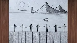 Pier and sea view, boat, lighthouse drawing | How to draw step by step | Landscape drawings