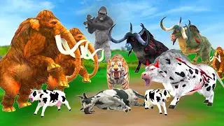 3 Zombie Bulls Vs 3 Zombie Cows 3 Zombie Buffalos Fight Cow Cartoon Elephant Save by Woolly Mammoth
