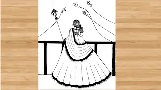Happy Makar Sankranti Drawing Very Easy | Sundar Ladki Flying Kite Drawing | Gudiya Ka Chitra Banaen