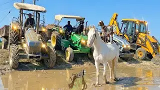 New JCB 3dx Eco Xpert Backhoe Machine Loading Mud With Mahindra Tractor Trolley And TATA Dump Track 