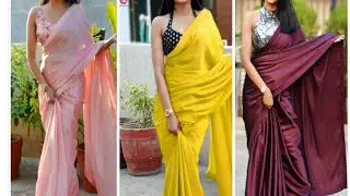 satin saree with contrast blouse # latest design of satin saree 2021😍