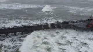 Big waves destroy Capitola wharf (Drone POV)