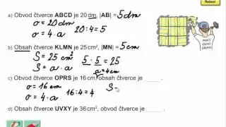 Obvod a obsah čtverce (výpočet), Geometrie pro 4.ročník, str. 30, cv. 3