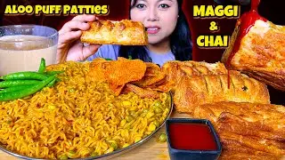 EATING 🔥MASALA MAGGI, ALOO PUFF PATTIES & CHAI | ASMR MUKBANG