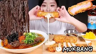 ASMR * Пряная и холодная гречневая лапша 🔥 Котлета из свинины сырная бомба 💛 MUKBANG