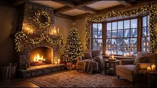 Christmas Fireplace Glow | Snowy Village & Holiday Garlands