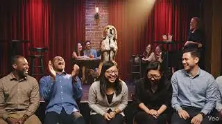 A beagle tells a joke at a comedy club