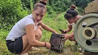 talented girl: repair big tractor change oil filter for machine
