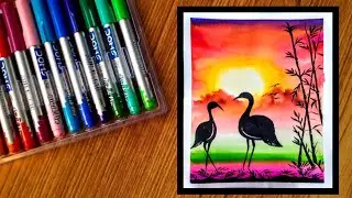 Brush pen drawing/Brush pen painting/@DOMSIndiaofficial /How to draw with brush pen/Scenery drawing