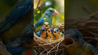 A mother bird sits protectively in a nest, surrounded by her small, fluffy chicks, #shorts #short