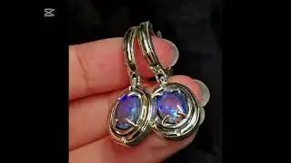 Luxurious Lightning Ridge Black Crystal Opal 3.50 ct 925 Silver with 14K Gold design Hoop Earrings